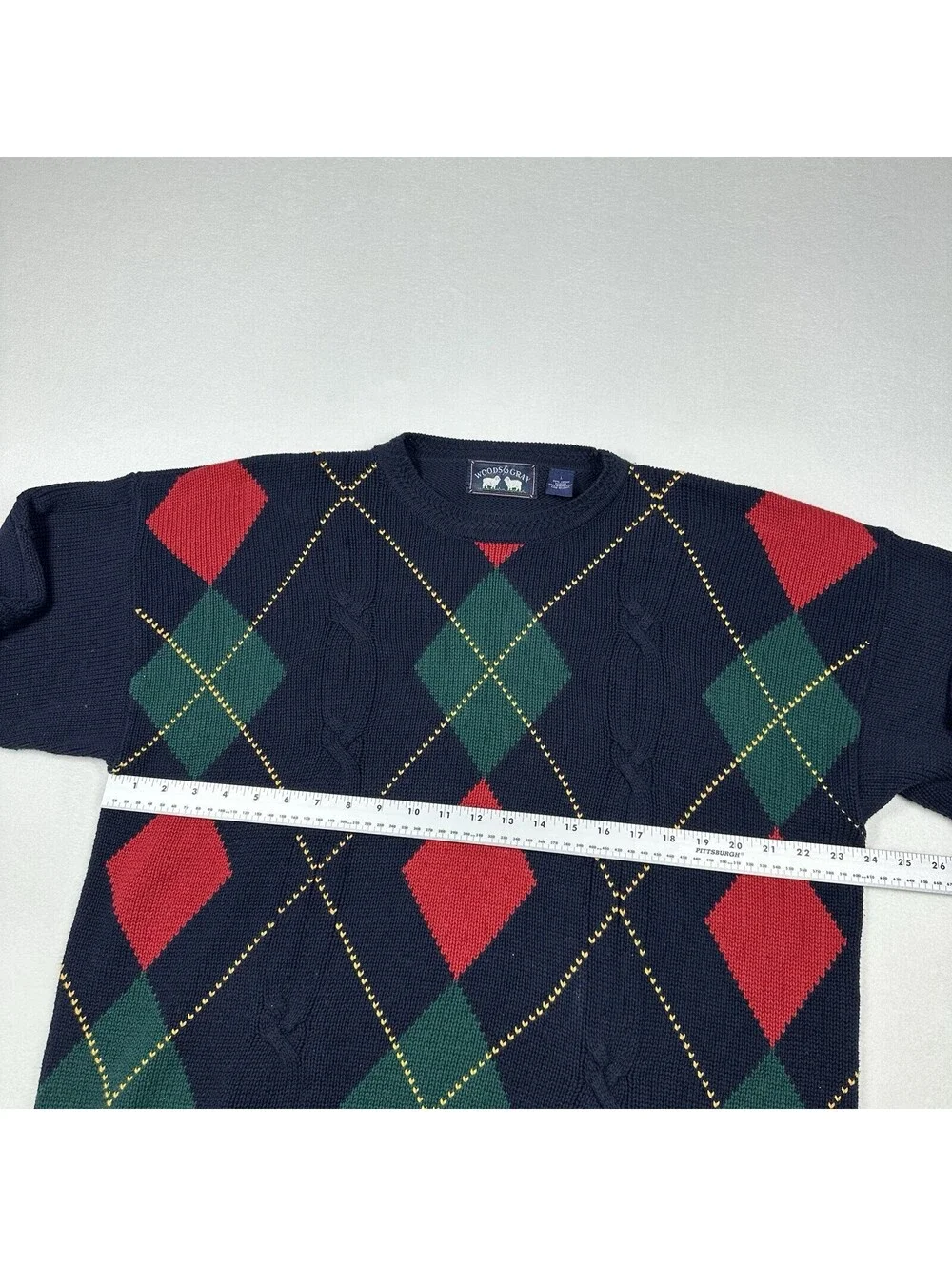 Vintage 90s Woods & Gray Cotton Argyle Cable Knit Sweater Grandpacore Cozy Sz LG